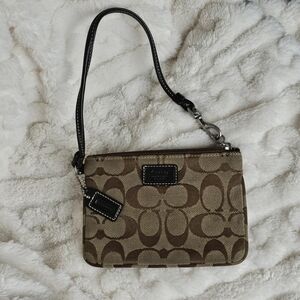 Coach Signature Jaquard Brown and Tan Wristlet With Signature Fob